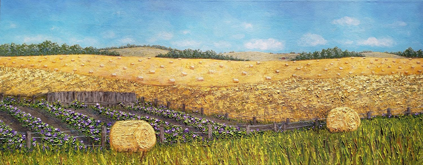 Palette knife painting of golden hay fields in rural Alberta by artist Jeweliyana Reece