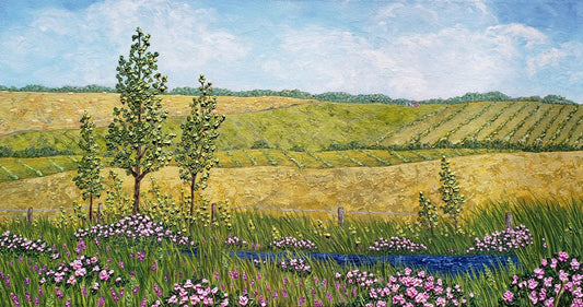 Palette Knife Painting of a country landscape with pink wild rose flowers
