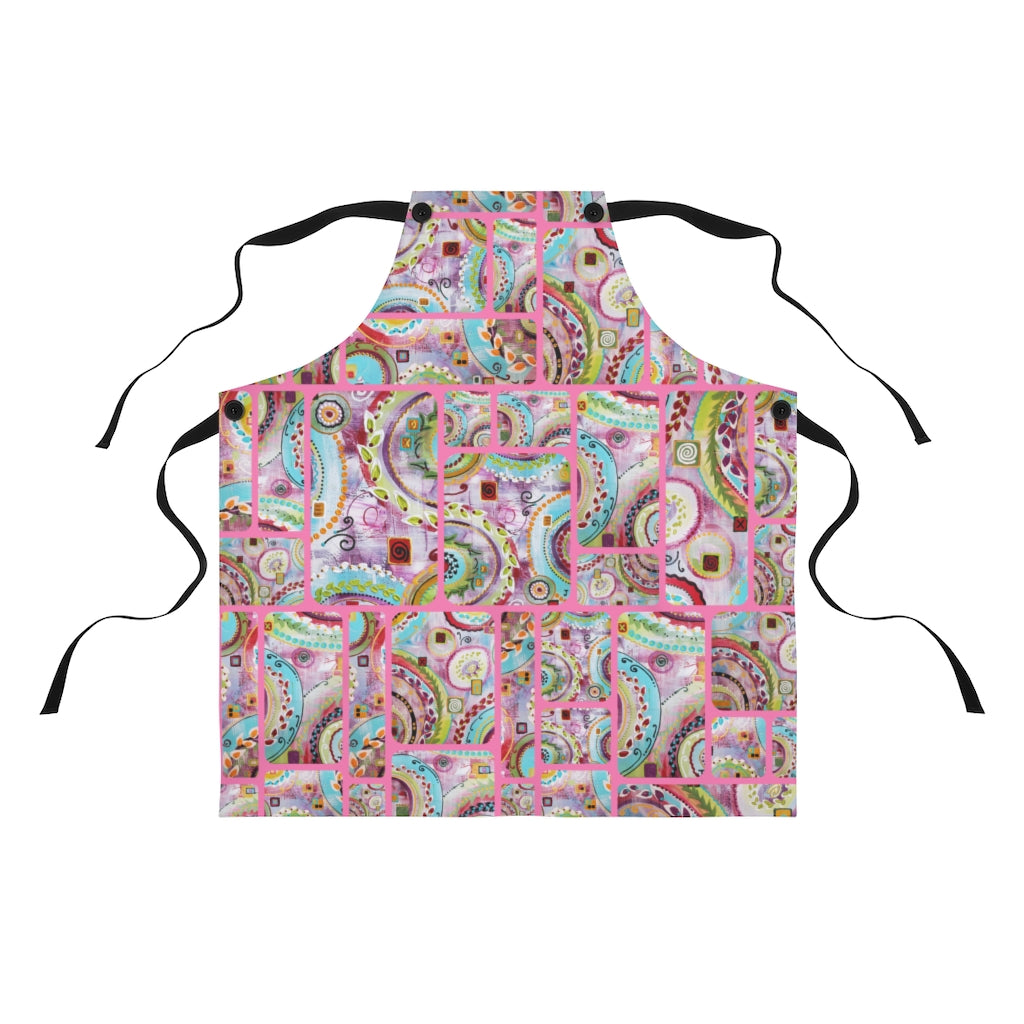 full view of pattern on pink kitchen apron