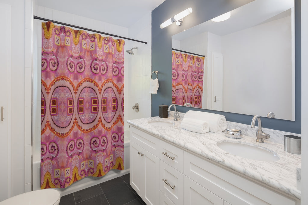 Fun Shower curtain pink shown in bathroom setting