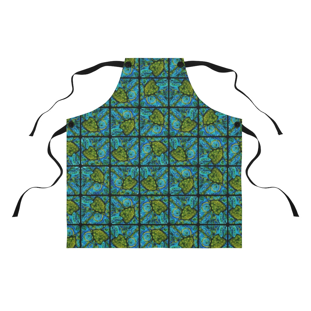 full view of pretty blue kitchen apron with green hearts