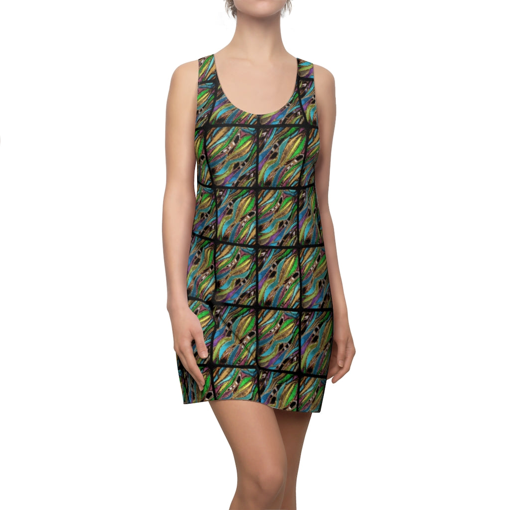 Racerback dress for women with black green purple design