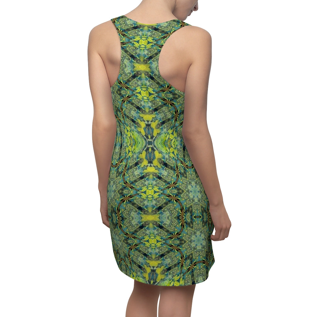 racerback sundress in green and blue sunprint motif