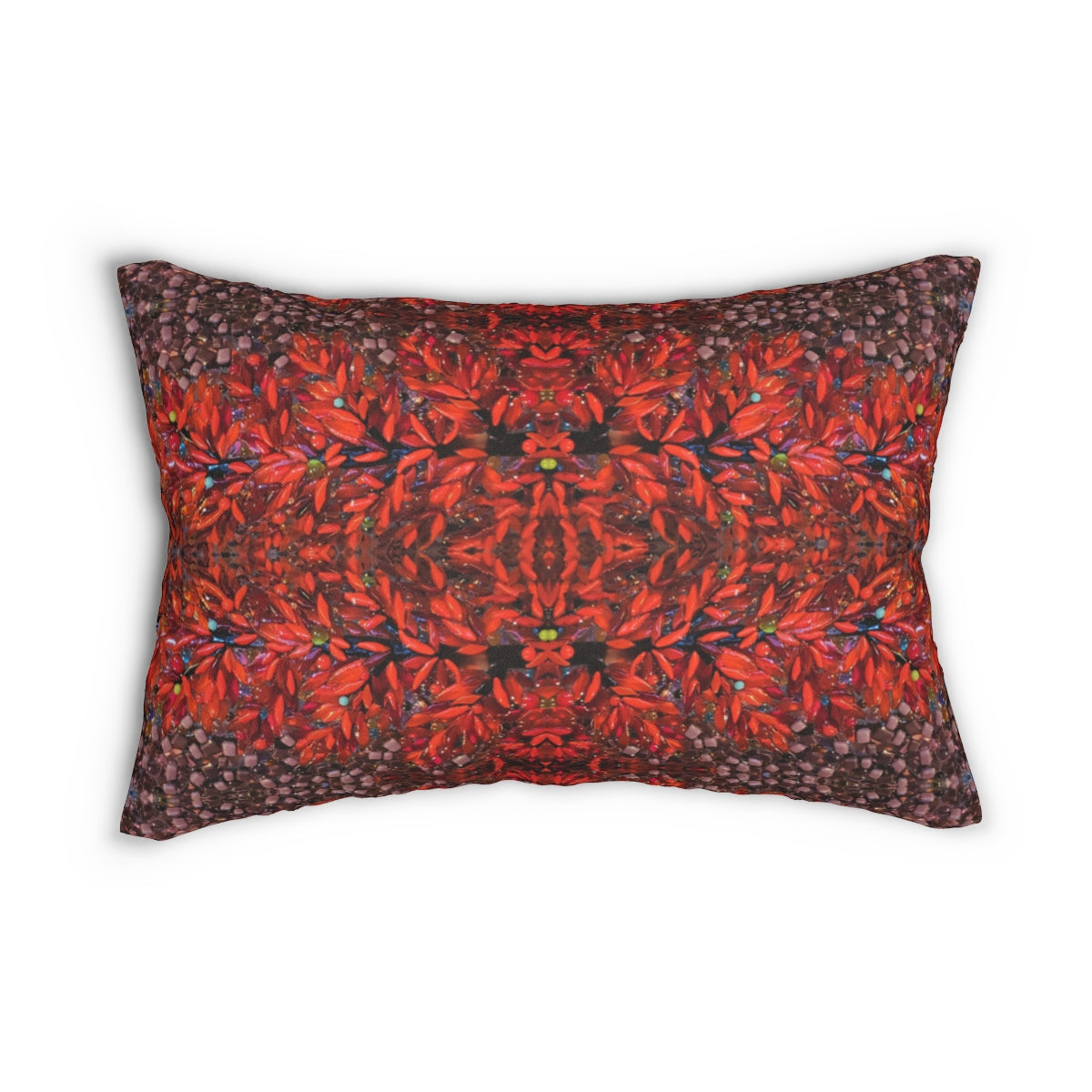 red lumbar pillow with designer print