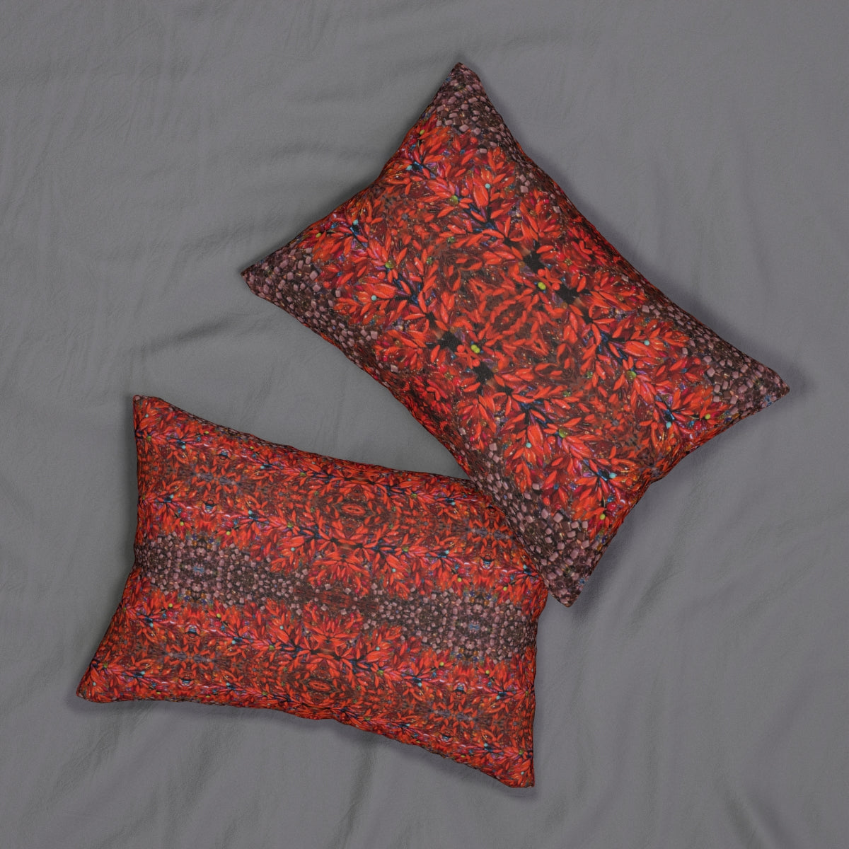 red lumbar pillow with different pattern per side 