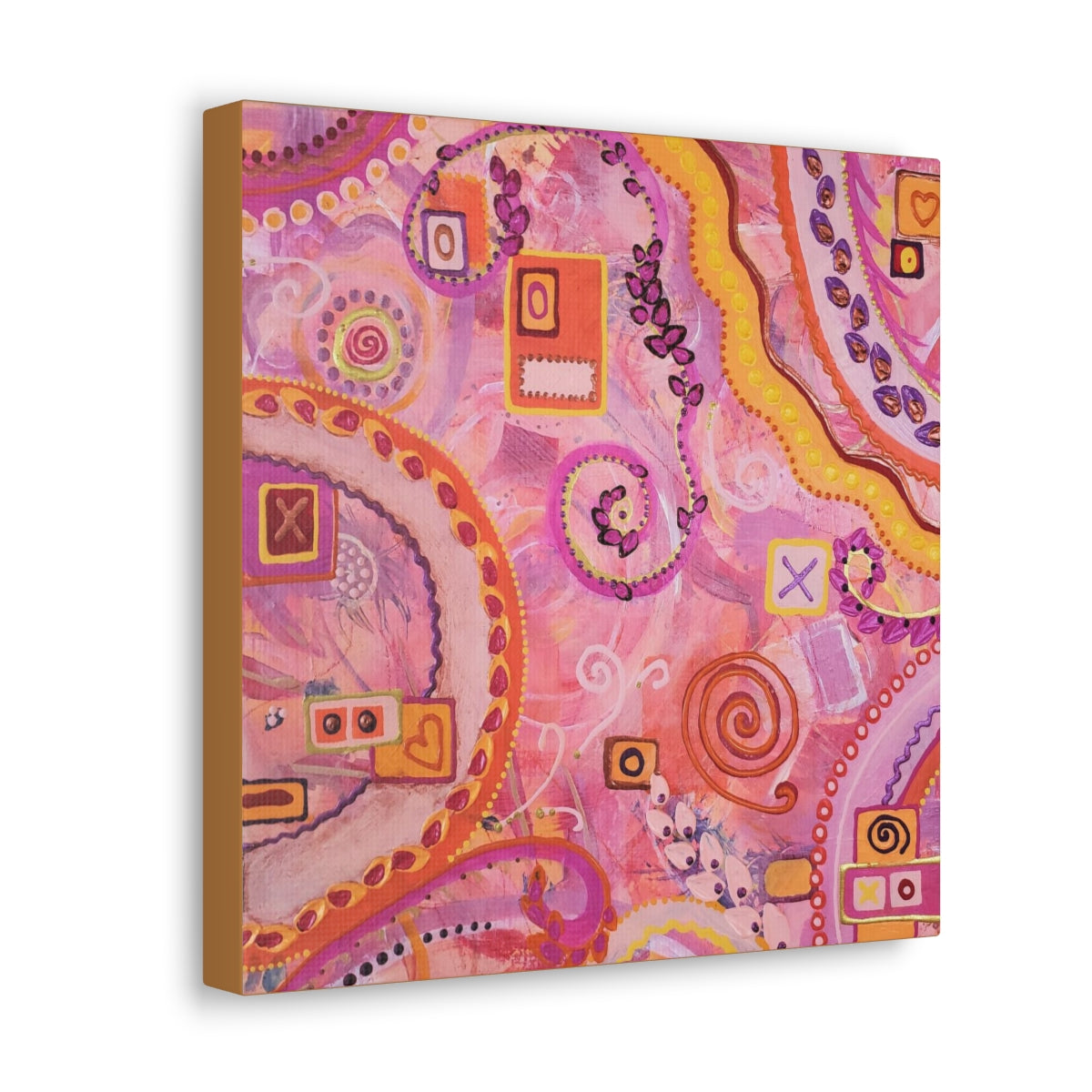 Side view of abstract artwork painting that is pink