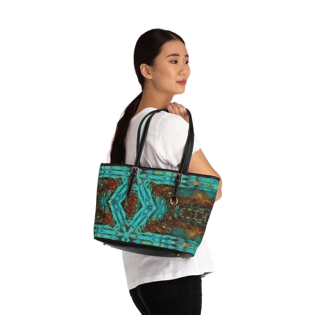 Cool For the Summer Vegan Leather Shoulder Bag 17 x 11 Aqua with Rustic Amber Black Straps