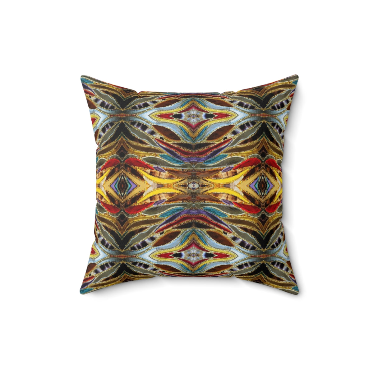 throw pillow with gold and silver design with bits of red