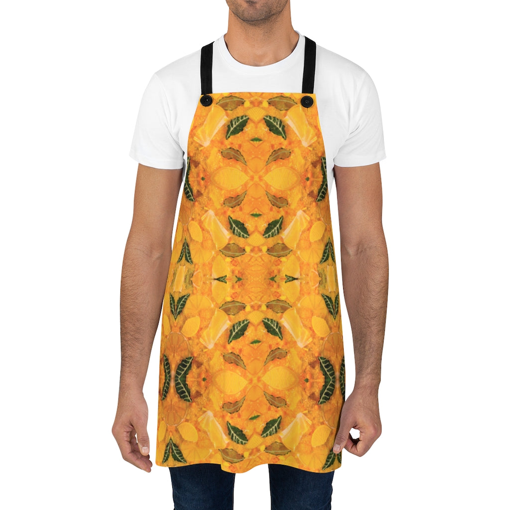 yellow bbq apron shown on man