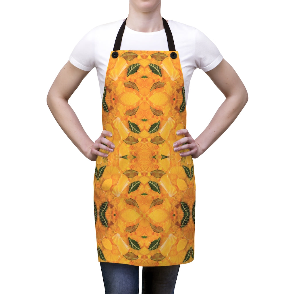 yellow kitchen apron with lemons on woman